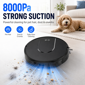หุ่นยนต์ดูดฝุ่นอัจฉริยะ OEM ODM 8000Pa ระบบนำทางด้วยไจโรสโคป ควบคุมผ่านแอพ ชาร์จอัตโนมัติ ดูดฝุ่นและถูพื้น สำหรับทำความสะอาดบ้านและขนสัตว์เลี้ยง - Product Image 1