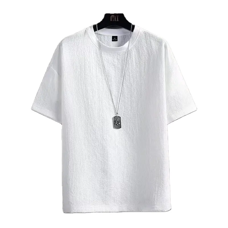 Nova camiseta de manga curta feita de algodão e linho material masculino verão cor sólida camisa de fundo solta roupas brancas