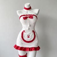 Costume de cosplay de femme de chambre rouge et blanc pour femme, robe courte à volants et nœud, bandeau oreilles de chat, uniforme de serveuse anime, tenue de fête d'Halloween