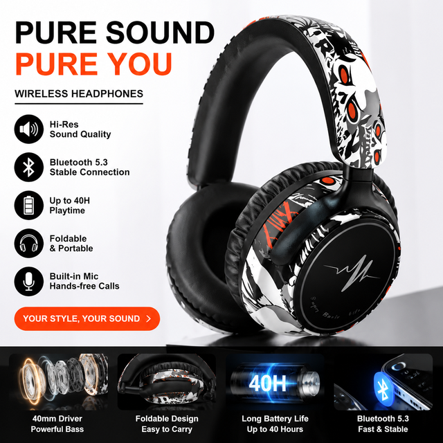 TS-6 Graffiti Wireless RGB Foldable Adjustable Over-Ear Headphones Digital Display Customizable Color Logo for 5.4 for 3-5