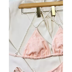 Maillot de bain deux pièces triangle rose pour femme avec perles et liens latéraux - Product Image 5