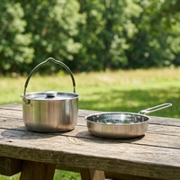Ensemble de casseroles et poêles de camping portables en acier inoxydable avec poignée pliable, ustensiles de cuisine d'extérieur pour feu de camp et pique-nique