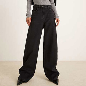 Jeans en denim décontractés confortables pour le travail, à jambe large et taille haute, noirs, <span class=keywords><strong>avec</strong></span> broderie de <span class=keywords><strong>fleurs</strong></span> roses, sur mesure pour femmes, OEM - Product Image 4