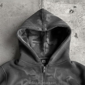 ES 사용자 정의 빈티지 특대 고민 씻어 자수 패치 와플 원단 100% 면 코모 인쇄 지퍼 후드 남성 가을 - Product Image 3