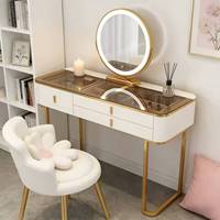 Vente flash, coiffeuse de luxe légère, cadre doré, tabouret à fleurs, ensemble de coiffeuse, miroir LED, tiroirs de rangement pour la chambre à coucher