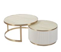 Table basse contemporaine ronde en métal doré courbé avec plateau en verre, marbre ou bois MDF, ensemble de 2 tables gigognes