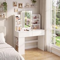 Coiffeuse moderne écologique avec miroir LED, 2 tiroirs, étagères de rangement ouvertes et miroir LED à intensité variable pour chambre à coucher