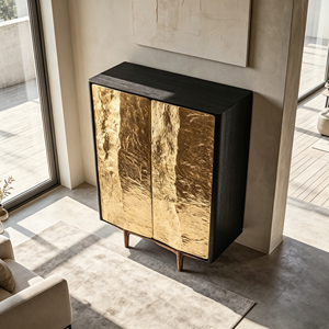 Credenza Alta con Foglia d'Oro Texturizzata, Struttura in Fibra di Vetro, Gambe in Legno, Armadio con Doppia Anta per Sala da Pranzo in Stile Wabi Sabi - Product Image 6