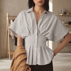 Women's <b>Striped</b> Button Down Shirt Short Sleeve Cap Sleeve Loose Fit Turn-down Collar Casual Blouse Spring Summer Poplin <b>Top</b> - Product Image 2