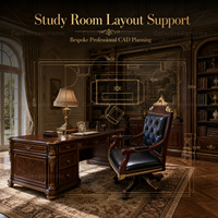 Fauteuil de bureau de luxe en cuir, avec détails en bois sculpté à la main et garniture dorée, idéal pour villa, bureau ou salle de direction.