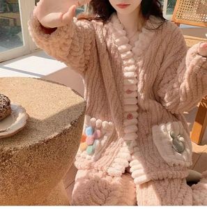 <strong>Women's</strong> Winter Flannel Pajamas Cardigan Autumn Warm Home Wear Ladies Sleepwear 2PCS Set Coral <strong>Fleece</strong> Bathrobe Thermal <strong>Pyjamas</strong> - Product Image 2
