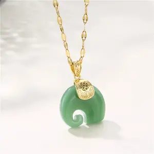 Unique Design Natural Stone Elephant Necklace 18k Gold Plated Stainless Steel Chain Green Jade Elephant Pendant Necklace