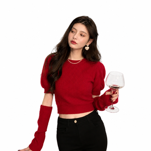 Viral Influencer Favorite New Arrival Y2K Style Wine <b>Red</b> Round Neck Puff Sleeve <b>Cropped</b> Knit <b>Top</b> with Arm Cuffs for Date Night - Product Image 1