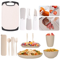Nouvel ensemble de vaisselle portable de style chinois avec bols, assiettes, tasses, couverts, planche à découper, éplucheur - Peint à la main, pour usage extérieur, fabriqué en Chine