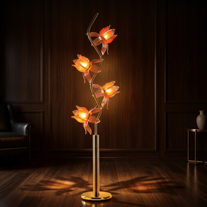 Lampe sur pied Lotus à 4 têtes, style artistique, avec poteau en métal torsadé, abat-jour en verre dégradé rose-orange, lampe décorative pour villa - Product Image 1