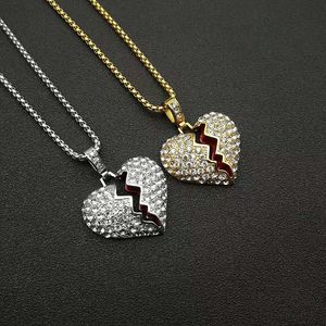 Collier pendentif cœur brisé Hip Hop en acier inoxydable, micro-incrustation de diamants, bijou cadeau à thème colle rouge - Product Image 1