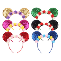 Aksesoris Rambut Kain Unisex Pesta Liburan Putri Lucu, Bunga Warna-warni dan Headband Telinga Tikus Berkilau untuk Anak Perempuan