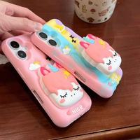 Coque de téléphone portable en silicone 3D licorne arc-en-ciel mignonne avec support rétractable et finition pulvérisée, compatible avec iPhone 16