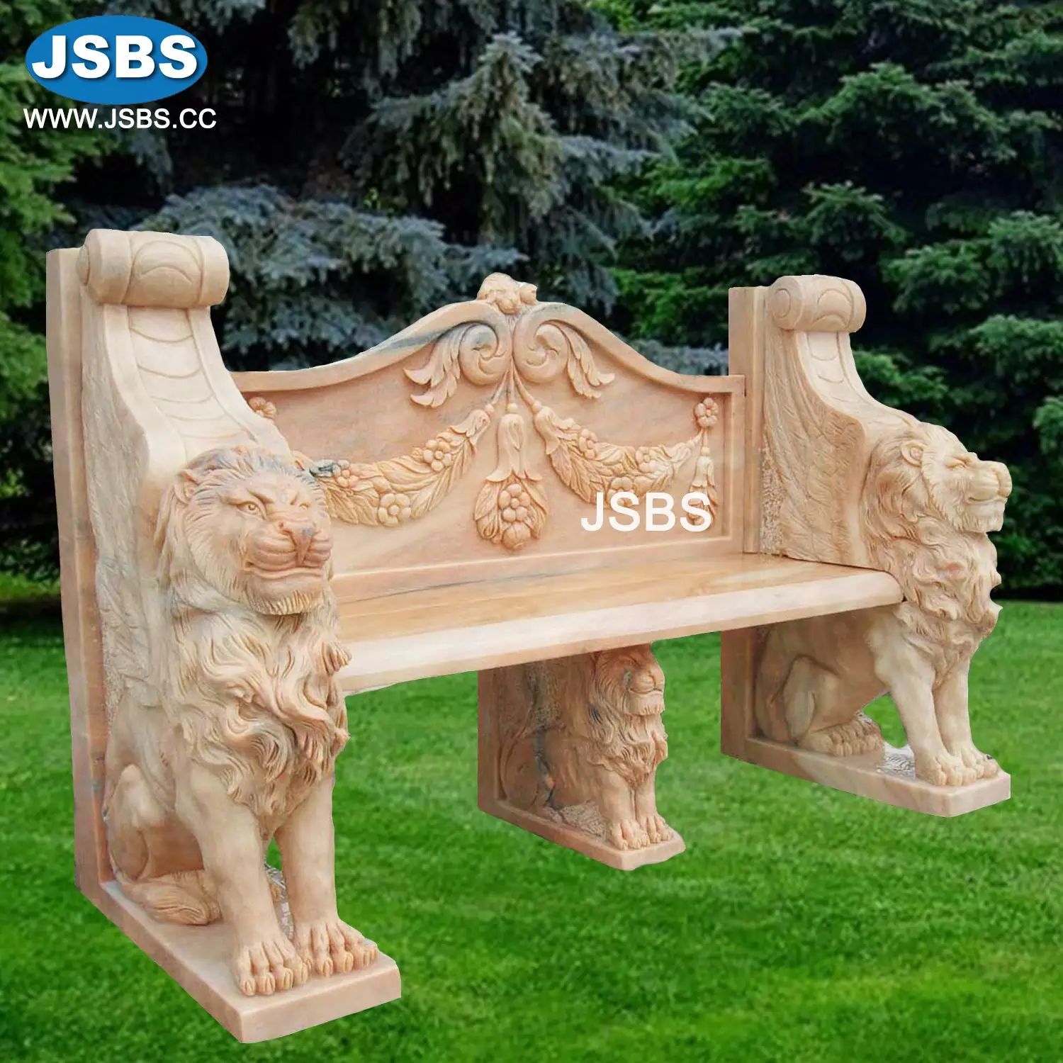Outdoor Lion Head Carved Long Garden Bench Stone