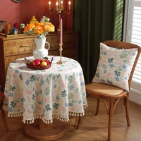 Nappe rustique style ferme avec pompons noirs, en coton et lin résistant, pour cuisine et salle à manger