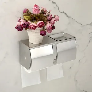 Accessori per Bagno d'Hotel, Portarotolo Doppio da Parete in Acciaio Inox SUS304 con Vassoio <span class=keywords><strong>e</strong></span> Coperchio - Product Image 3