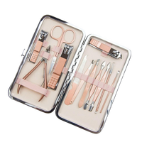 Kit de manucure et pédicure professionnel de luxe en acier inoxydable rose, 12 pièces, ciseaux à ongles courbés, logo personnalisé, portable