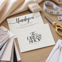 Biglietto di ringraziamento pieghevole personalizzato color avorio con logo nero stampato per set di ordini per boutique e negozi al dettaglio