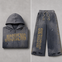 Nouvel ensemble de survêtement streetwear personnalisé grande taille, coupe courte, effet usé, avec fermeture éclair, strass, pantalon de survêtement évasé ample et sweat à capuche