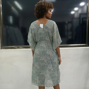 V Neck Floral Georgette Breathable Midi <b>Kaftan</b> Loose Boho Style Three Quarter Sleeve Drawstring Waist Spring <b>Summer</b> Casual - Product Image 3