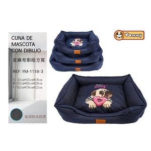 Lit pour chien imperméable en lin gris foncé, ensemble trois pièces avec motif de dessin animé, design de nid carré et détails peints à la bombe - Product Image 1