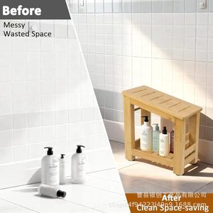 Bamboo Wood <b>Bathroom</b> <b>Stool</b> Double Layer Storage Foot Rest For Shower Spa Massage With Shelf Minimalist Design - Product Image 4