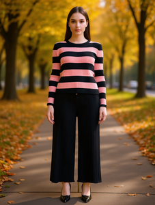 YMS176T Set Maglione a Righe da Donna, Collo Tondo, Vestibilità Ampia, Lunghezza alla Caviglia, Abbigliamento Casual Autunnale, Misto Poliestere e Cotone, Anti-Pilling - Product Image 2