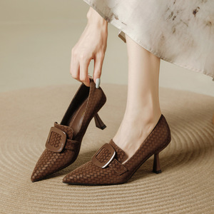 Elegant Women's <b>Pointed</b> <b>Toe</b> Loafers Genuine Leather Slip-On Heels Ankle Strap Geometric Pattern All Seasons Comfort Shoes - Product Image 1