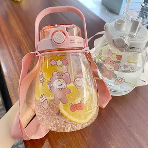 Botella de agua de plástico con pajita y pegatinas Kawaii para niños, 1,3 L