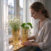Vase à fleurs en verre cristal sans plomb, ambré, gaufré, de luxe moderne, lourd et anti-renversement, pour centre de table floral, maison et mariage