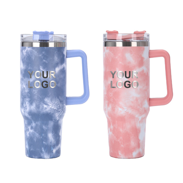 Custom Tie-Dye Pattern Printing Fluid Quartz Style Laser Engraved Stainless Steel Travel Coffee 40oz Tumbler with Handle