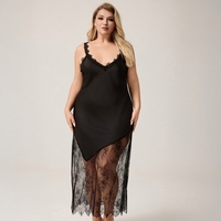 Chemise de nuit sexy en satin pour femmes grandes tailles, col en V, dentelle, bretelles spaghetti, douce et respirante, pour l'été
