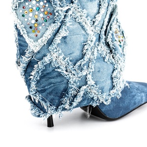 Women Denim Overlay Knee High Boots High Thin Heels Shoes New Design Boot-cut Jeans Stiletto Square Toe <b>Long</b> Booties Size 44 - Product Image 4