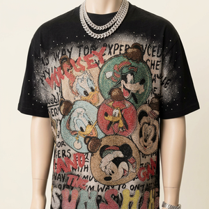 T-shirt noir en soie respirant à manches courtes pour homme, imprimé pailleté, col rond, coupe oversize, style streetwear, strass sur le devant - Product Image 1