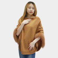 Nouveau pull élégant en cachemire camel Tyan pour femme avec col et poignets en fourrure de renard, châle traditionnel en cachemire et laine