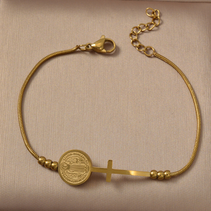 Pulsera minimalista de acero inoxidable 316L con extensor, pequeña bola, cruz, medalla redonda virgen, chapada en oro, venta al por mayor - Product Image 3