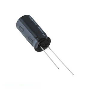 Condensador de canal del fabricante CAP ALUM 10UF 20% 450V RADIAL TH 450PX10M10X20 de orificio pasante 10 uF - Product Image 1