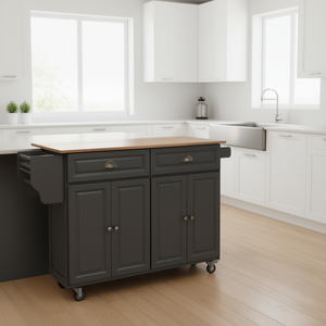 Dark Gray Utility Kitchen Cart Rubber Wood Top <b>On</b>-<b>Wheels</b> <b>Storage</b> Cabinets Modern Kitchen Island - Product Image 2