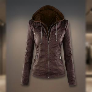 Veste de travail classique en cuir PU coupe-vent avec capuche et fermeture éclair pour femme, idéale pour l'automne, avec capuche amovible - Product Image 4
