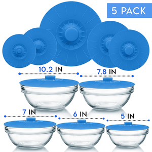 Lot de 5 couvercles en silicone réutilisables à ventouse pour bols, casseroles et tasses, avec poignées emboîtables naturelles et sûres pour les aliments - Product Image 2