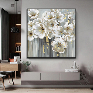 Toile à l'huile de fleurs blanche et or abstrait fait à la main, 5 m, peinture murale, Art - Product Image 2