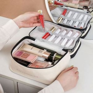 Estuche de Maquillaje de PU de Doble Capa, Organizador de Cosméticos de Viaje, Bolsa de Aseo para el Cuidado de la Piel - Product Image 3