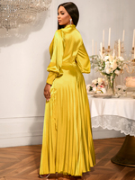 AM050524SET Ensemble Deux Pièces Femme Décontracté Or en Satin Brillant : Haut à Col Noué et Manches Lanternes Longues, Pantalon Plissé à Jambes Larges