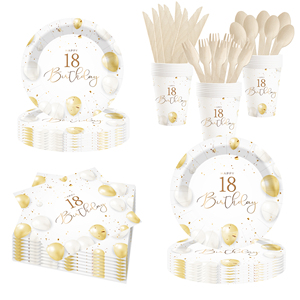 Juego de Vajilla para Fiesta DAMAI, Platos, Vasos y Servilletas de Papel Blancos y Dorados, Vajilla Desechable para Celebración de 18 Años - Product Image 1