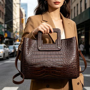 Sac fourre-tout en cuir de vachette véritable gaufré <span class=keywords><strong>crocodile</strong></span> pour femme avec poignée supérieure et bandoulière amovible - Product Image 5